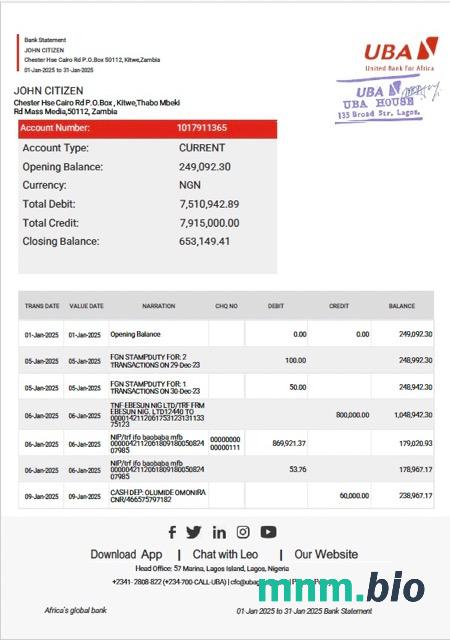 Zambia Zanaco wyciąg bankowy z konta Word i szablon PDF